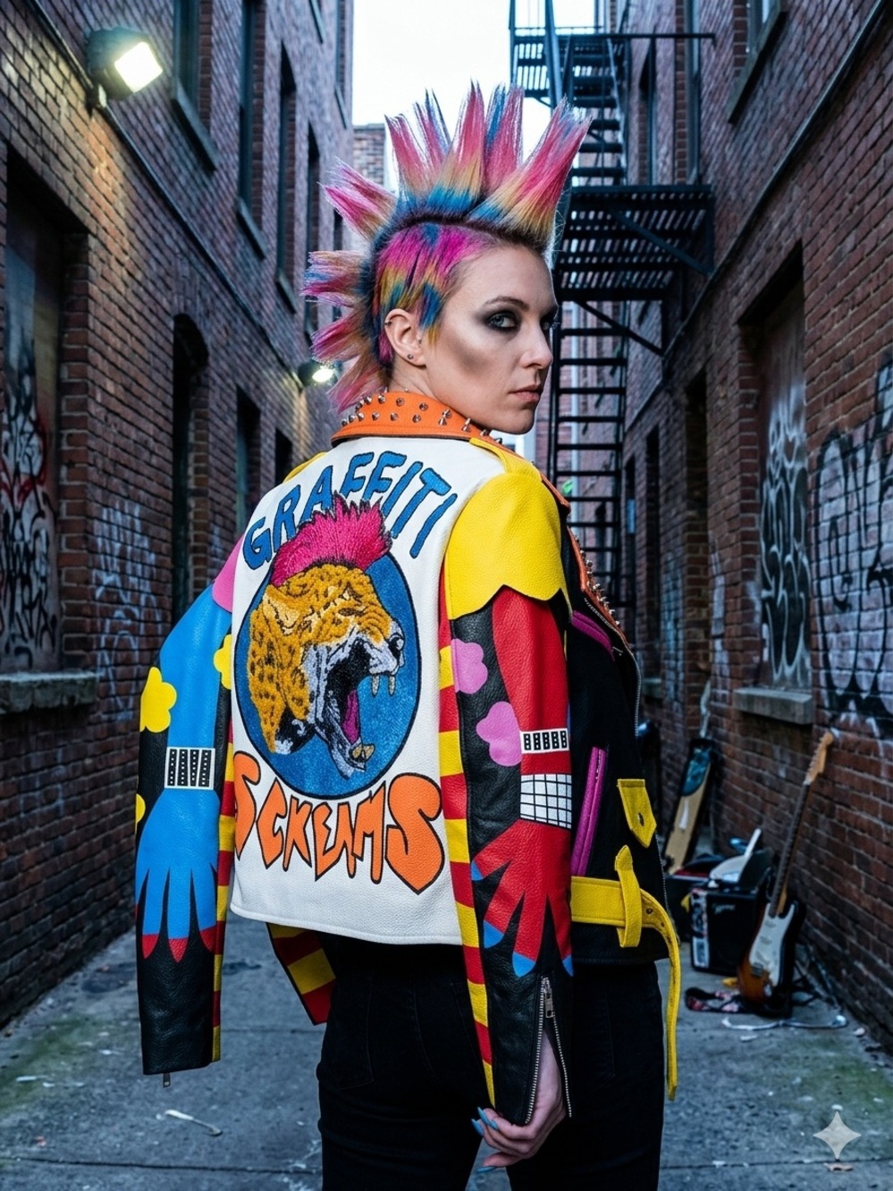 Swank A Posh Studded Graffiti Moto jacket